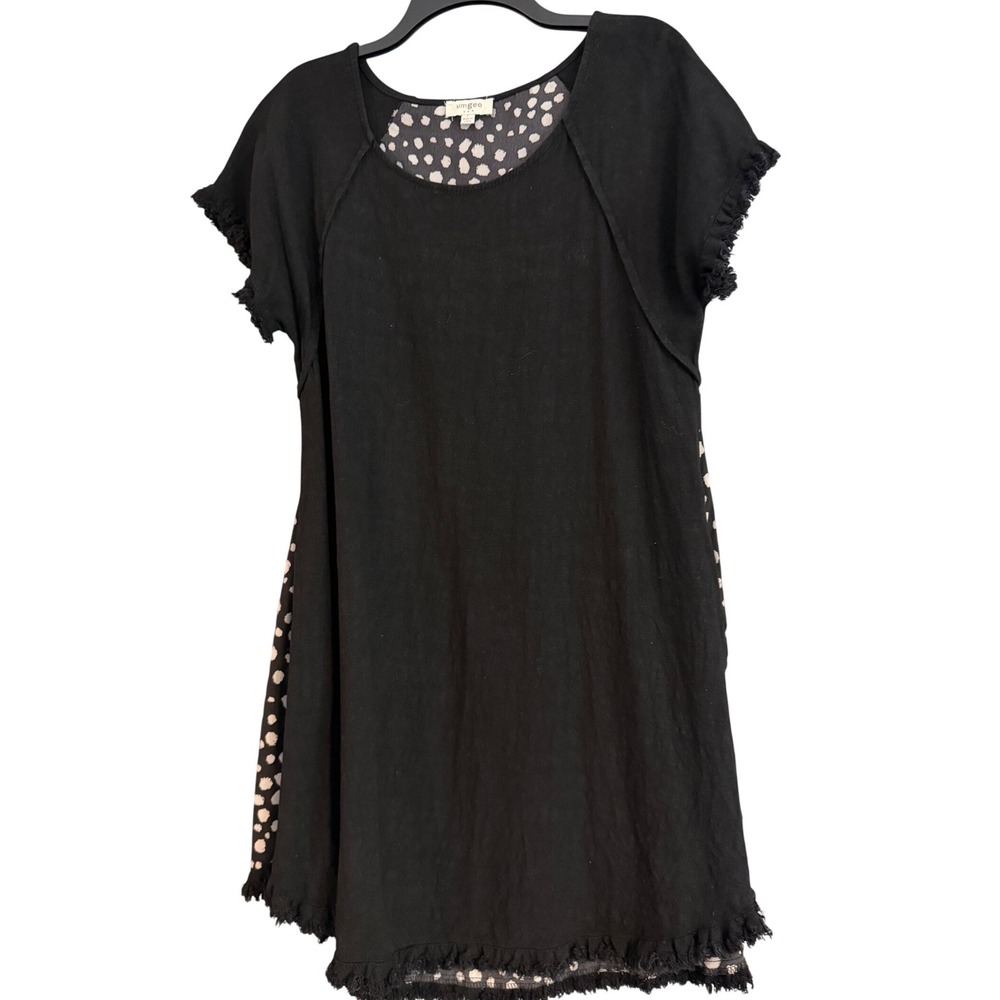 Umgee Shift Dress Women Large Black Excellent Polka Dot Fringe Linen Blend